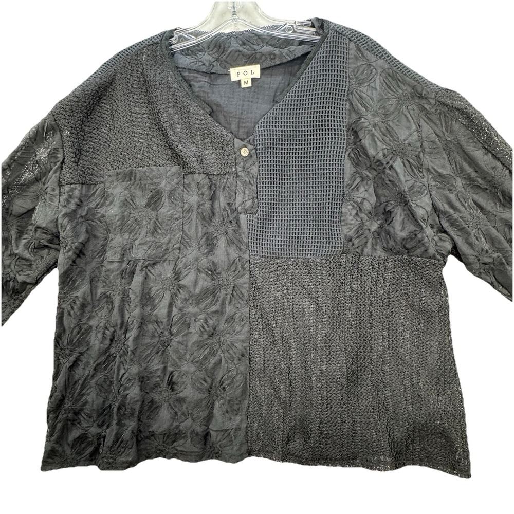 Pol Patchwork Top Women Medium Black Oversized Boho Lagenlook SMT2268B